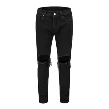 

Men Jeans Denim Knee Hole Scratch Bottom Zipper Vintage Black High Street Pencil Pants Stretch HIP HOP Punk Streetwear Trousers