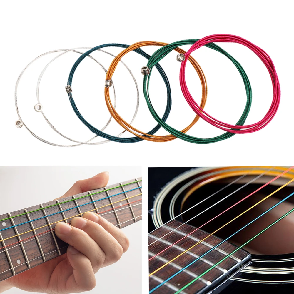 6 unids/set cuerdas de E-A guitarra Universal núcleo de acero colorido acústica Folk cuerda instrumento Musical piezas de guitarra accesorios de música