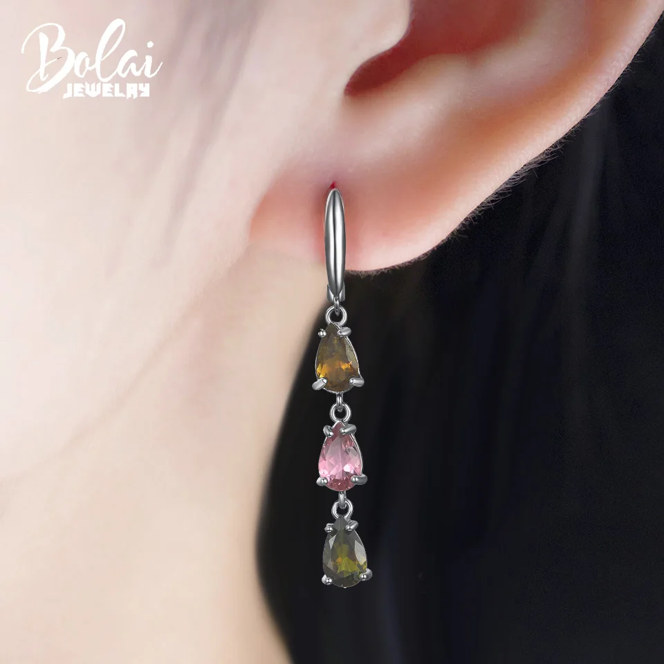 Bolai 4.0ct natural tourmaline long dangle earrings 925 sterling silver multi color tear drop gemstone fine jewelry for women | Украшения и