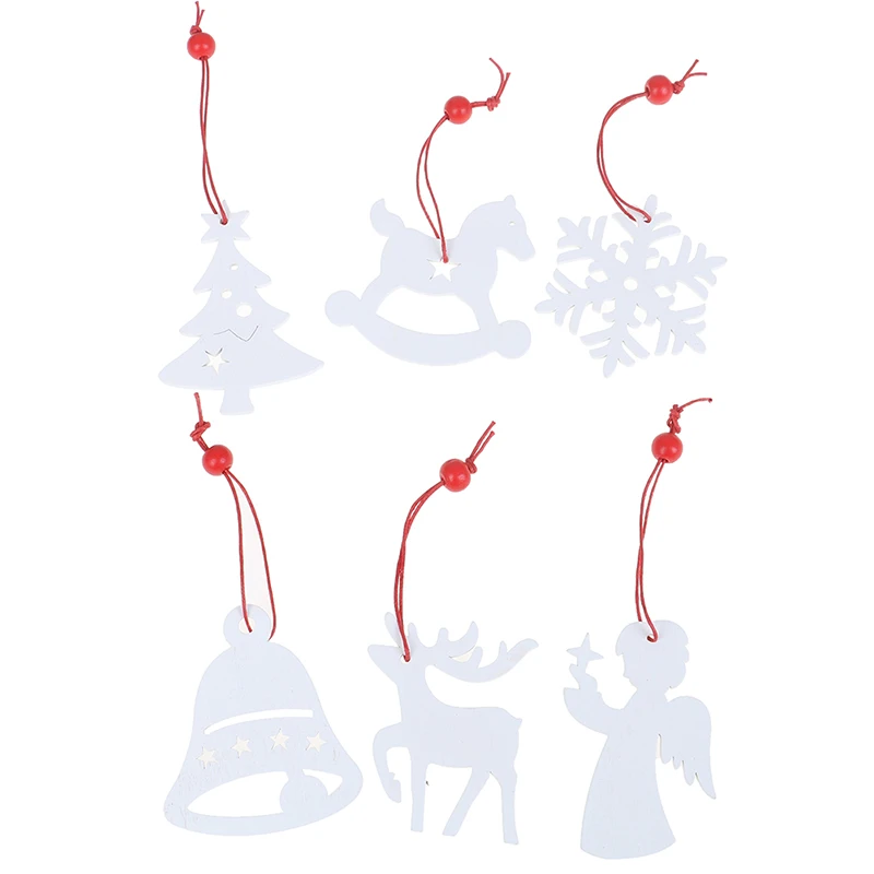 6 шт. DIY снежинки/Ангел/Лось/Колокольчик Рождественские Деревянные Подвески, украшения для елки, украшения для рождественской вечеринки, детский подарок - Цвет: Белый