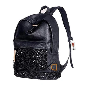 

Sequins Backpack PU Leather Teenage Girls Solid Color Schoolbag Fashion New Backpack Female School Backpack