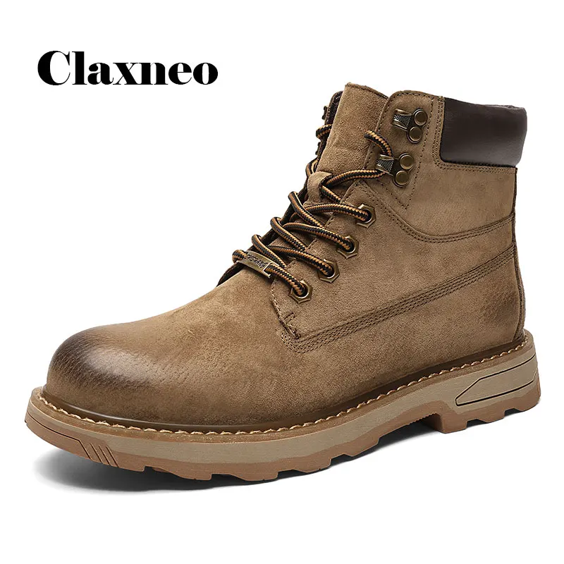 

Man Leather Boots High Top Autumn Men's Work Shoes Suede leather Male Winter Boot Plush Fur Warm Khaki Walking Footwear Design