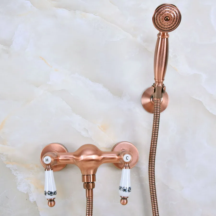 Antique Red Copper Brass Dual Ceramic Levers Handles Wall Mounted