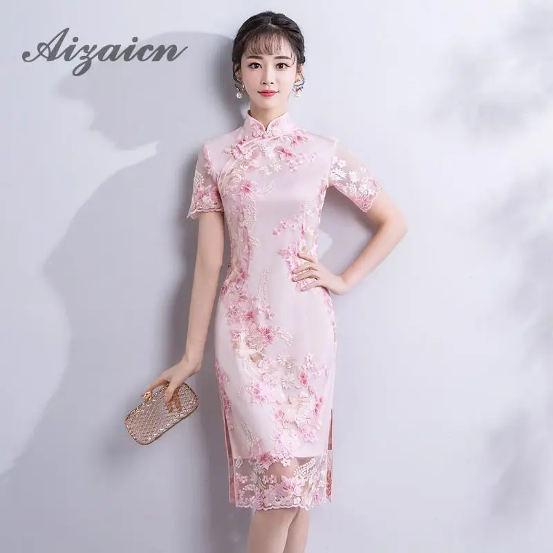 

Pink Lace Cheongsam Mini Dress Summer Fashion Half Sleeve Oriental Style Party Dresses Modern Chinese Wedding Qipao Short Qi Pao