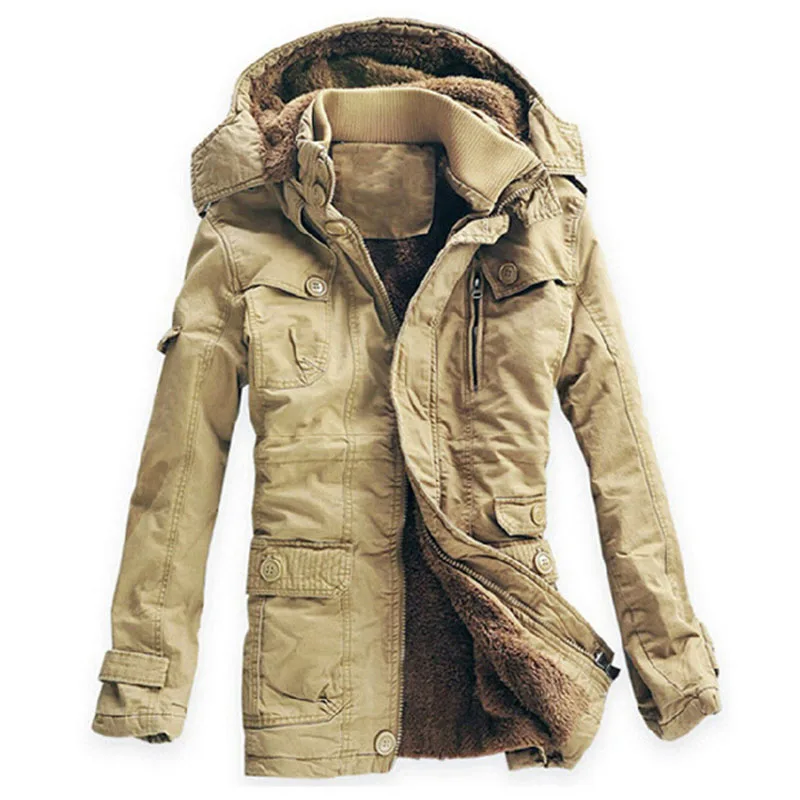Зимняя мужская куртка на каждый день из плотного бархата, теплые куртки, не замерзающие мужские парки, мужская хлопковая армейская куртка с капюшоном, длинный плащ - Цвет: Khaki