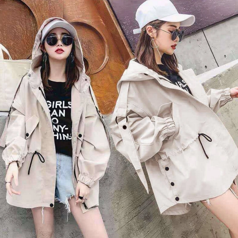 

Women's Windbreaker Loose Autumn Trench Coat Hooded Jacket Female Korean Top