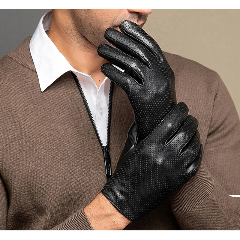Men\'s Thin Genuine Leather Fit Gloves Male Breathable Soft Fashion Classic Goatskin Autumn Unlined touch screen Driving Gloves