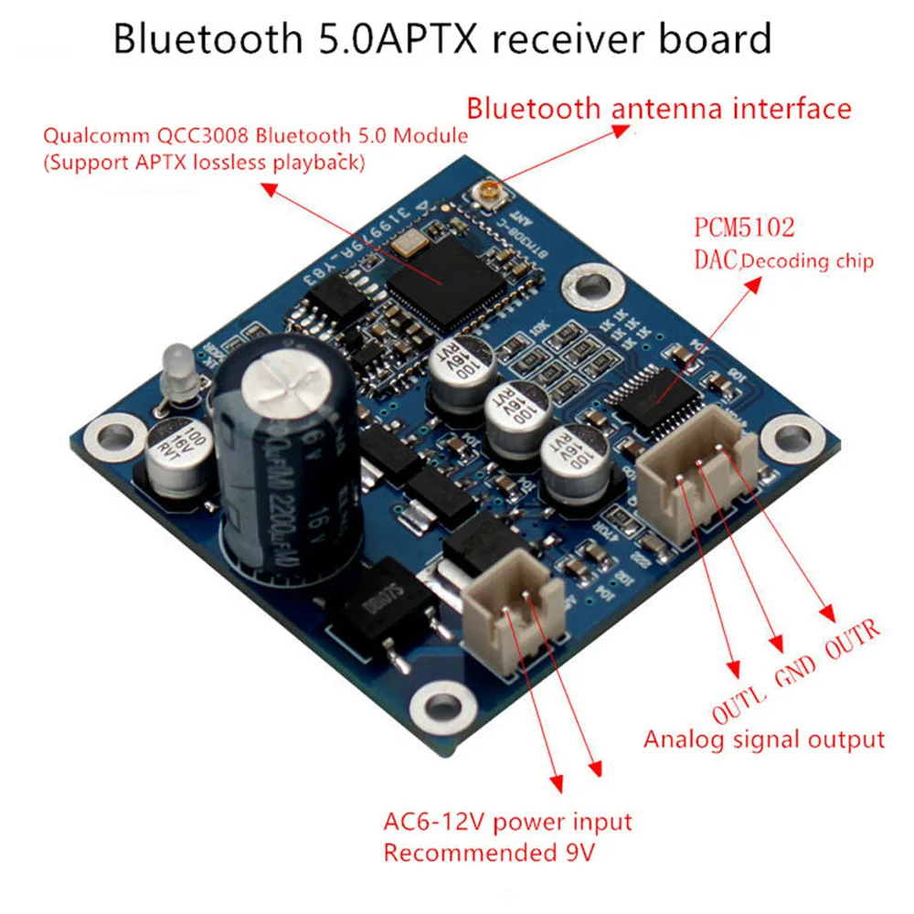 Bluetooth 5,0 APTX Bluetooth приемник AC6-12V или DC12V QCC3008 поддерживает A2DP, AVRCP, HFP, AAC, IGS и т. Д. PCM5102 DAC