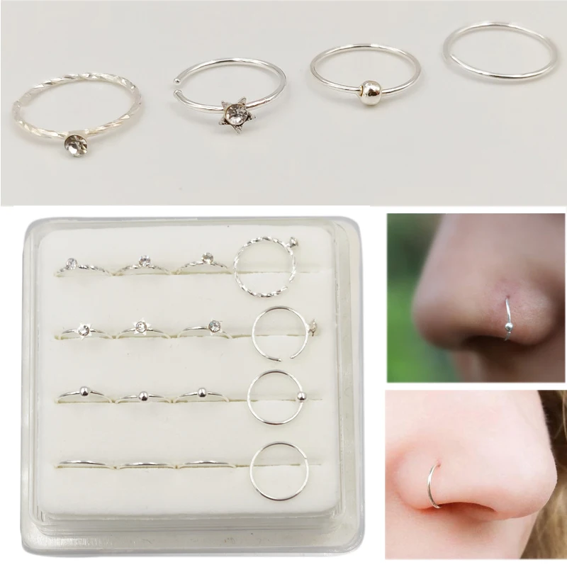 

16pcs/pack 925 Sterling Silver hoop Nose Ring 22 G Huggie Earring piercing body jewelry