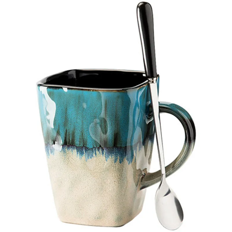 cheap Retro Square Teacup Personality Ceramic Mug Large Capacity Mug With Lid Spoon Coffee Cup Home Creative Couple Cup Breakfast Cup