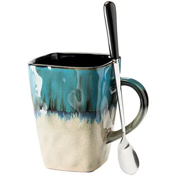 

Retro Square Teacup Personality Ceramic Mug Large Capacity Mug With Lid Spoon Coffee Cup Home Creative Couple Cup Breakfast Cup