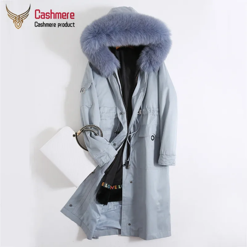 light blue Parker длинное пальто женский Осень Зима новое пальто Кролик кашемир Лисий Мех меховой воротник мех женский жакет в стиле кэжуал куртка - Цвет: light blue