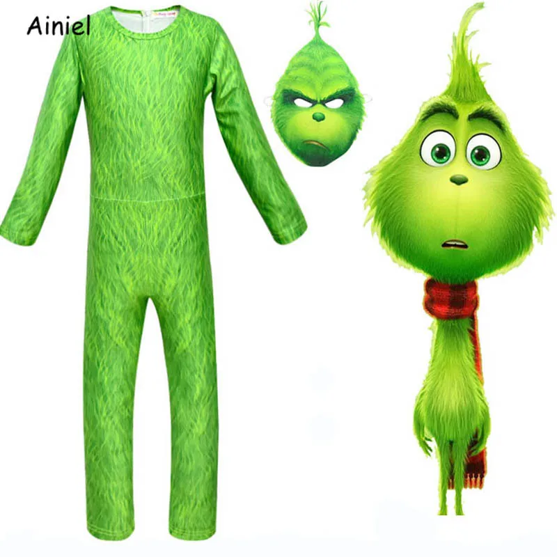 Grinch Mask Cosplay Costumes Kids Coat Sweater T-shirt Scarf Stole Christmas Jumpsuits Props Boys Girls |