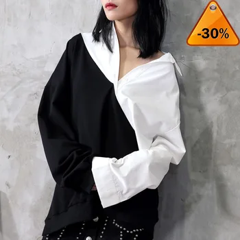 

Hot Sell 2020 New Spring Lapel Black White Hit Color Irregular Loose Big Size Long Shirt Women Blouse Tide Fashion