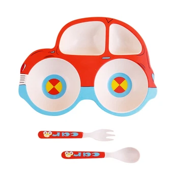 

Cartoon Children Dish Dessert Fruit Snack Car Cute Compartment Plate + Spoon + Fork Three-piece Set Kindergarten Baby Tableware