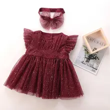 Новинка г.; летние красные сетчатые платья с блестками для маленьких детей; милая одежда принцессы для девочек; 5 шт/лот;