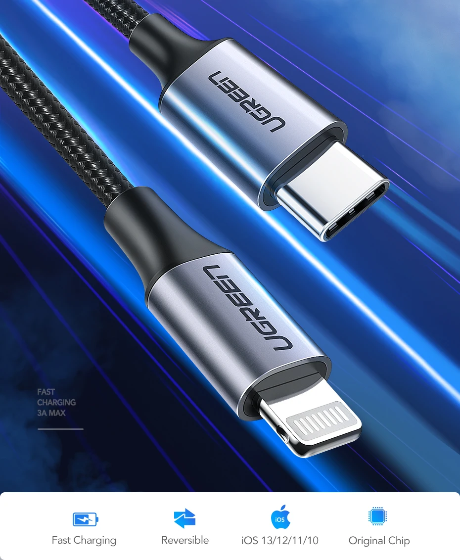 Ugreen usb type c к lightning Кабель Apple MFI Сертифицированный для iPhone 11 pro xs xr 8 7 6s plus 5 ipad зарядное устройство PD Быстрая зарядка 18 Вт