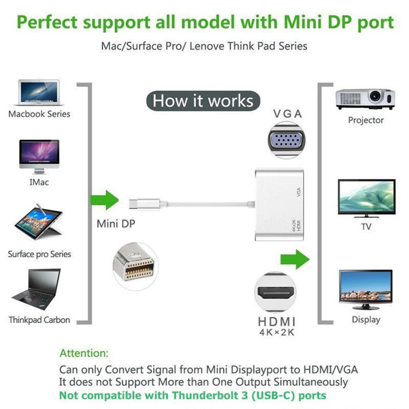애플 맥북용 미니 DP 디스플레이 포트-HDMI 호환 VGA 케이블 어댑터, 미니 디스플레이 포트 비디오 컨버터, 4K