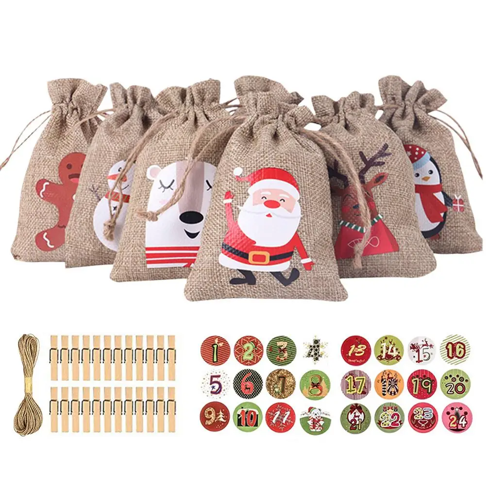 24PCS Christmas Plaid Set Countdown Advent Calendar Gift Bag DIY Sackcloth Candy Garland | Дом и сад