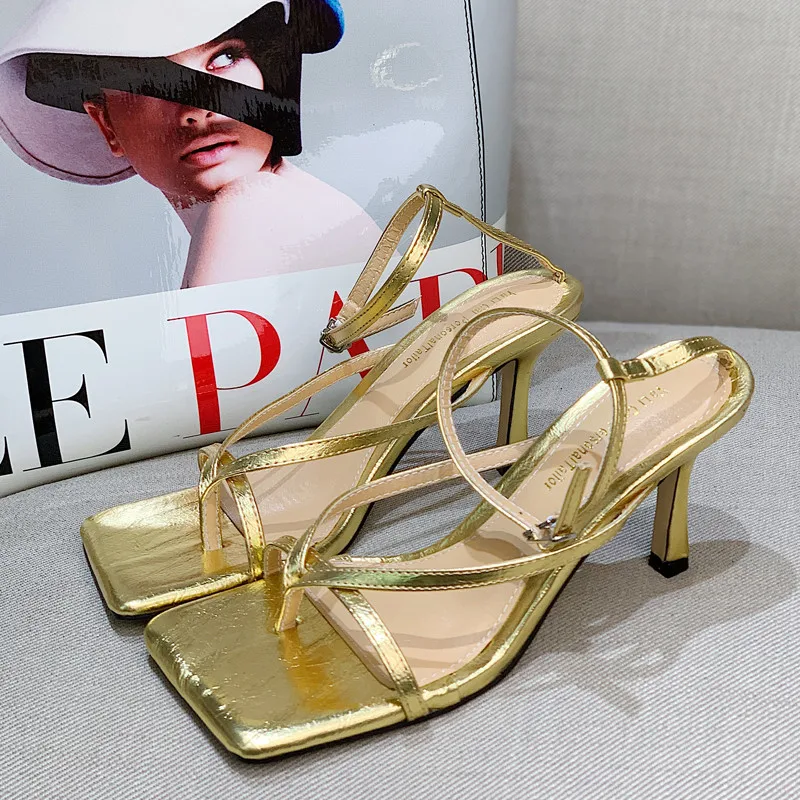 

Korean 2020 Summer Simple Women High Heels Sandals Buckle Strap Clip Toe Female Flip-Flops Shoes Gold Black Blue Ladies Sandals