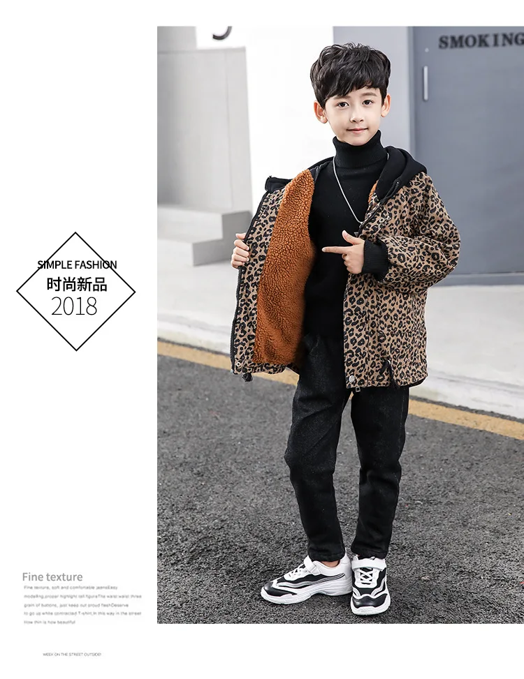 Children's Velveted Leopard Denim Jacket Outerwear Boys& Girls Fashion Hooded Trench Coat Teenager Kids Casual Windbreaker P129