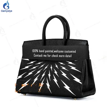 

Hand painted lightning 2020 Handbags Genuine Leather Top handle bags Women Messenger Bag Female Shoulder Bag Luxury Classic Bags