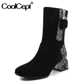 

CoolCept Size 33-43 Woman Half Short Boots Print Thick Heel Woman Winter Shoes Fashion Cool High Heel Boots Woman Footwear