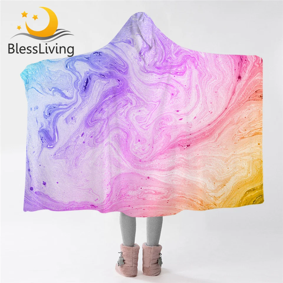 

BlessLiving Colorful Marble Hooded Blanket Pastel Pink Blue Purple Sherpa Fleece Throw Blanket for Adults Kids Wearable Blanket