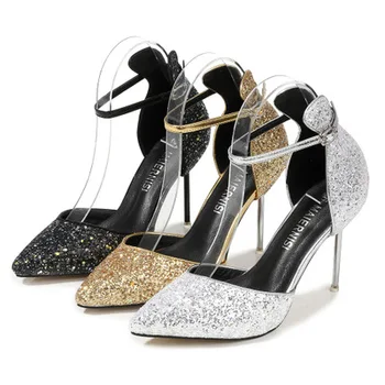 

2020 NEW Bling Summer Women Sandals Stilettos High Heel 10CM Sandals Shoes Sexy Silver Princess Pointed Toe Ladies Wedding Shoes