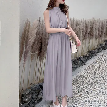 

Korean Chiffon Long Dress Women Summer Office Ladies Elegant Sleeveless Work Wear OL Clothes Sexy Belted High Waist Maxi Dresses