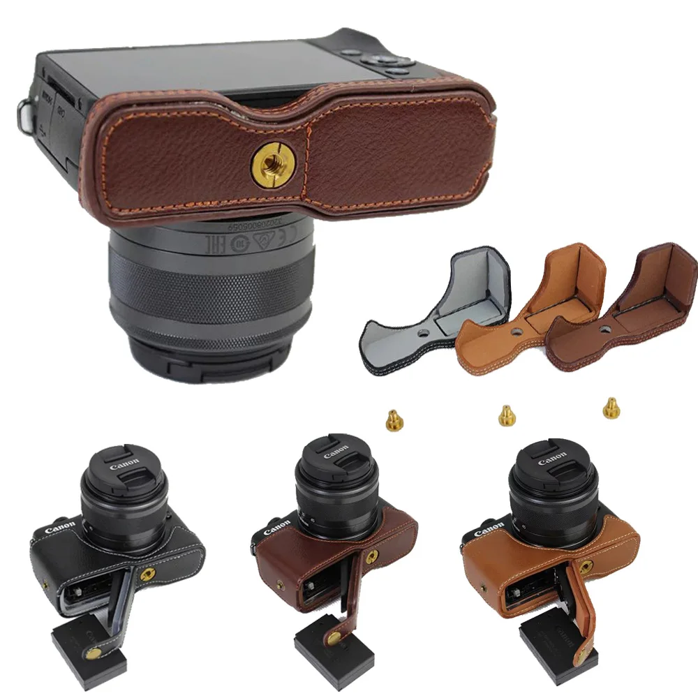 PU Leather Camera Bag Bottom Case Half Set Cover for Canon EOS M100 Coffee 