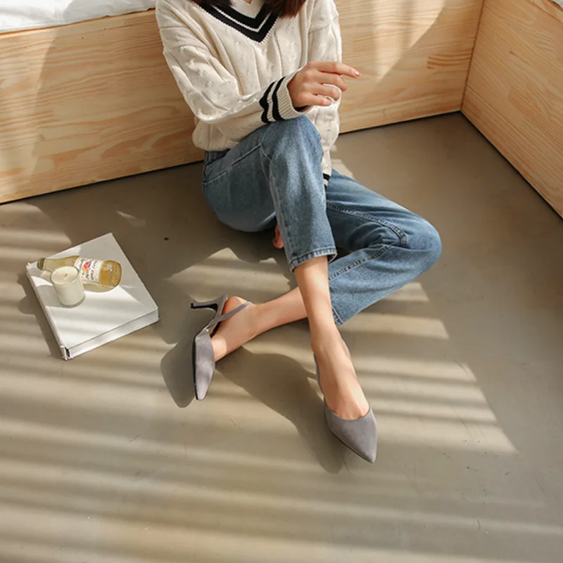 

QSR PUMPS 6CM/8CM/10CM Summer new sandals stiletto pointed suede buckle with hollow fashion high heels