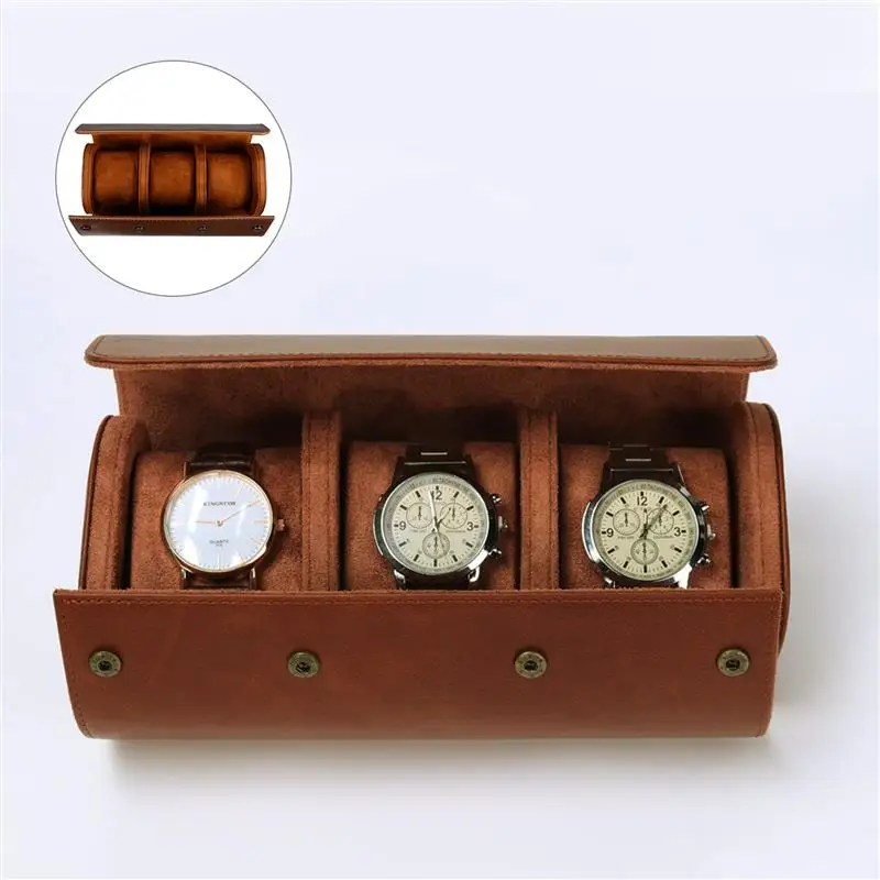 NICERIO Travel Watch Case PU Watch Box 3 Slots Storage Organizer Bracket Holder for Travel Business Trip (Brown)