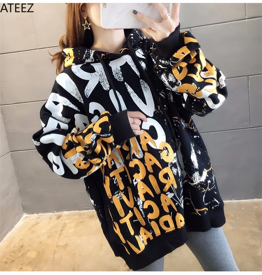 Polerones Mujer граффити Harajuku толстовки женские хип-хоп одежда негабаритных толстовка японский свитер Уличная Скейтборд с капюшоном
