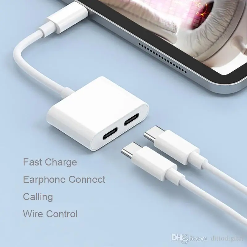 2 in 1 USB C Adapter Audio and Charger Splitter 3A Fast charging and DAC HIFI music 1 Type C Male to 2 Type-C female port for Pixel HuaWei