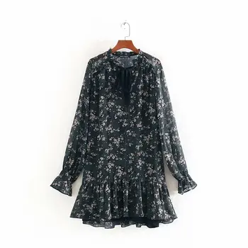 

women sweet bow tied v neck floral print hem ruffles mini dress elegant ladies long sleeve chiffon vestidos chic dresses DS3093