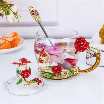 

Enamel Flower Tea Cups for Mother's Day Mug Glass Coffee Cup Women Gift Decor Wedding Valentines Birthday