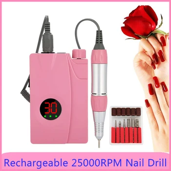 

25000RPM Electric Nail Drill Machine 1 Set 6 Bits LED Display Rechargeable Nail Drill Bits Machine Nail Art Milling Cutter