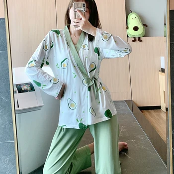 

Cute Pajamas Set 2 Pieces Women Cartoon Kimono Printing Spring Autumn Trousers Sleepwear Pajamas Homewear
