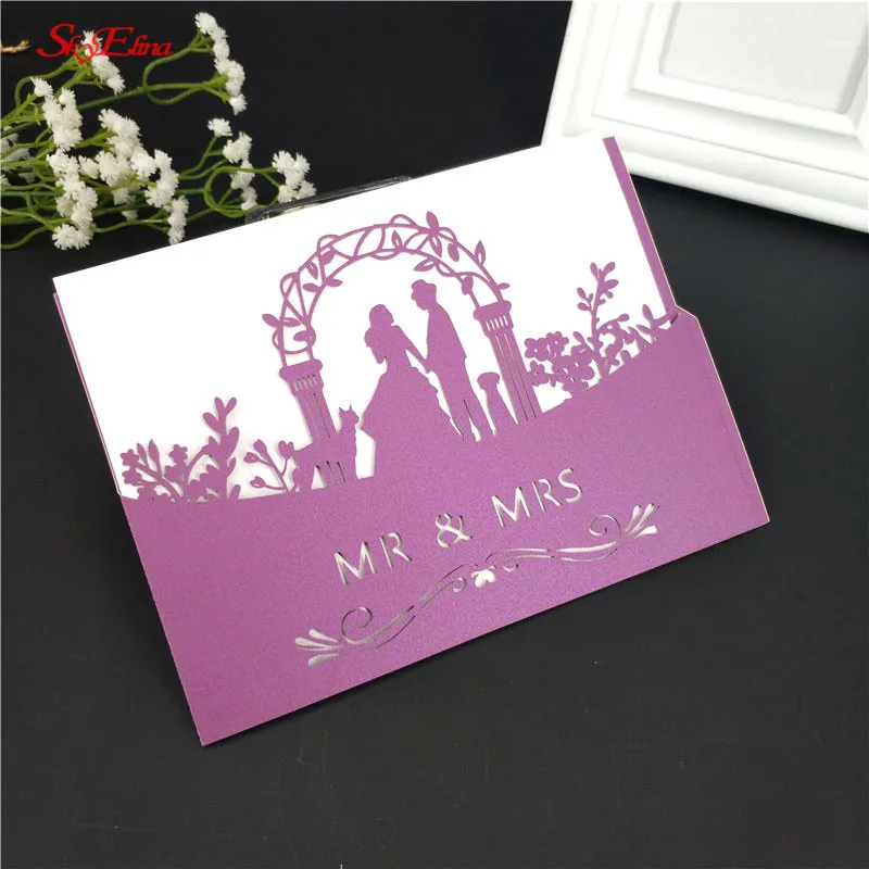 Dark Purple 10 шт. лазерная резка MR& MRS романтическое приглашение на празднование свадьбы карты свадебные приглашения деликатный резной рисунок с пустой внутренней Page7Z - Цвет: Dark Purple