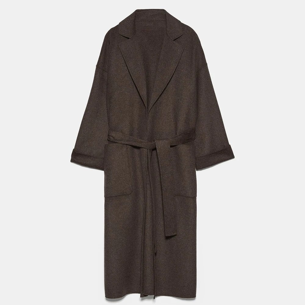 Dark brown ZA зимнее женское нейлоновое пальто, три однотонных цвета, повседневные модели, драповое пальто с длинными рукавами и ремнями, приталенное шерстяное пальто ручной работы - Цвет: Dark brown