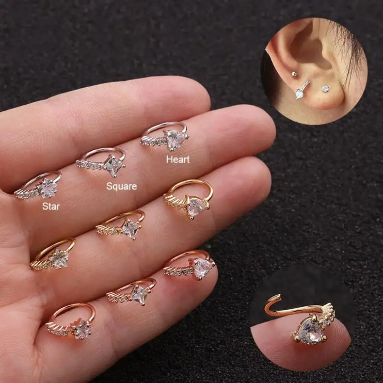 

1Pc 8mm Rose Gold Silver Nose Hoop Helix Cartilage Earring Star Square Heart Shape CZ Snug Rook Tragus Ring Ear Piercing Jewelry