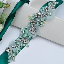 

TOPQUEEN S419-G Floral Wedding Belts Emerald Green Women's Belt for Party Bridal Bridesmaid Flower Rhinestones Sash for Dress