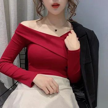

One Word Shoulder Clothing Female Ins Sexy Diagonal Shoulder T Shirt Off Shoulder Heart Machine Backing Shirt Slim Fit Long
