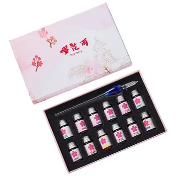 

13pcs/set Cherry Blossom Bottled Dip Glass Pen Ink with Fountain Dip Writing Signature Pen Art Supplies Gifts