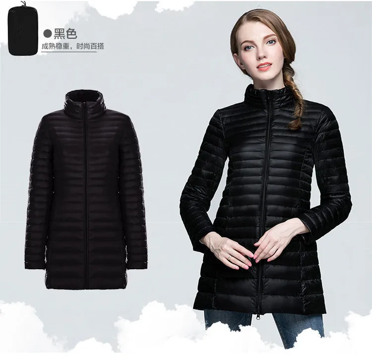 Осень и зима, стиль, корейский стиль, тонкий пуховик, женский, средней длины, стоячий воротник, теплый, приталенный, белый, утиный пух, YRF Larg