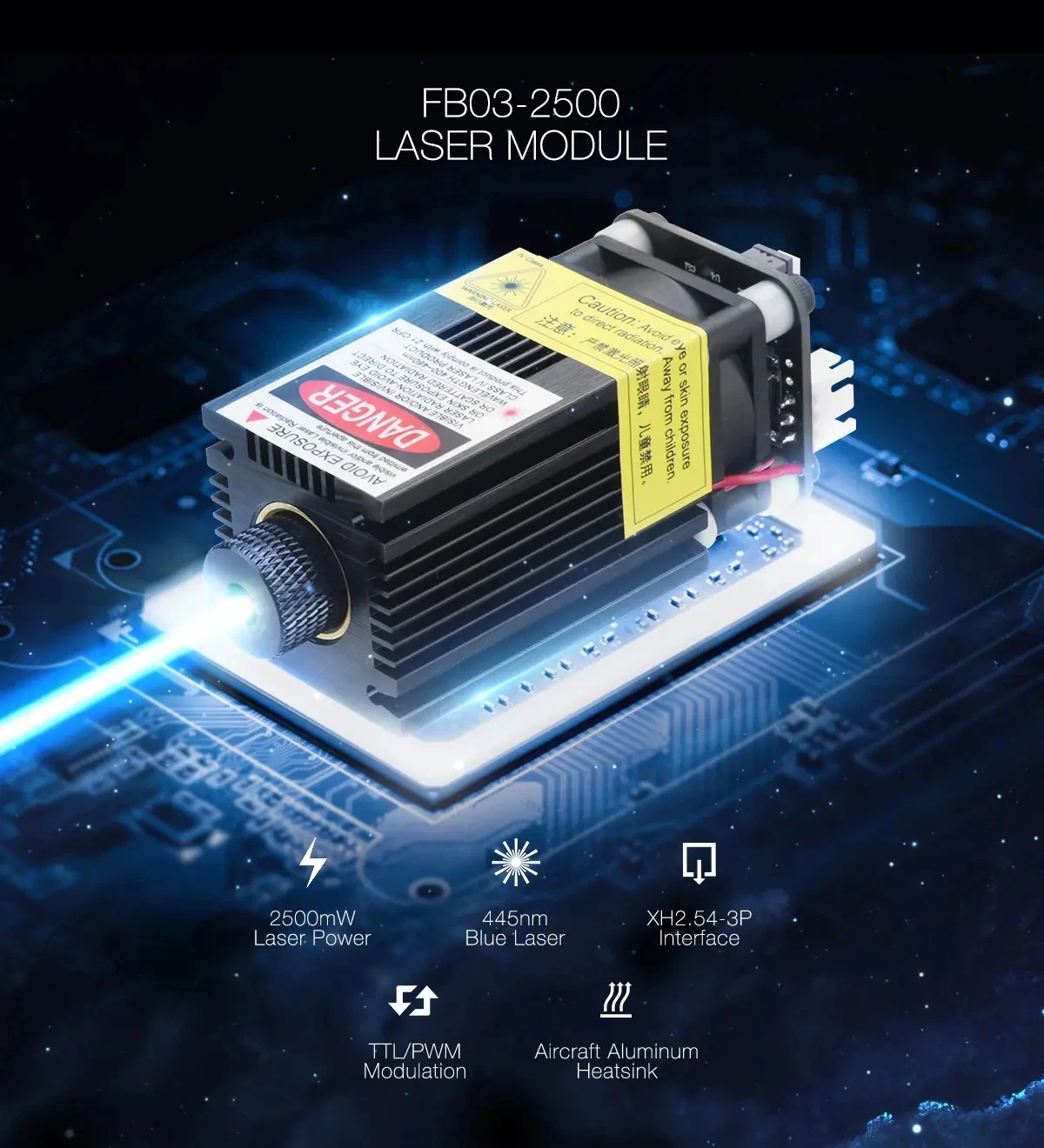 FB03-2500 2500 мвт 445нм синий лазерный модуль 2 54-3P TTL/PWM модуляция DIY гравер для EleksMaker |