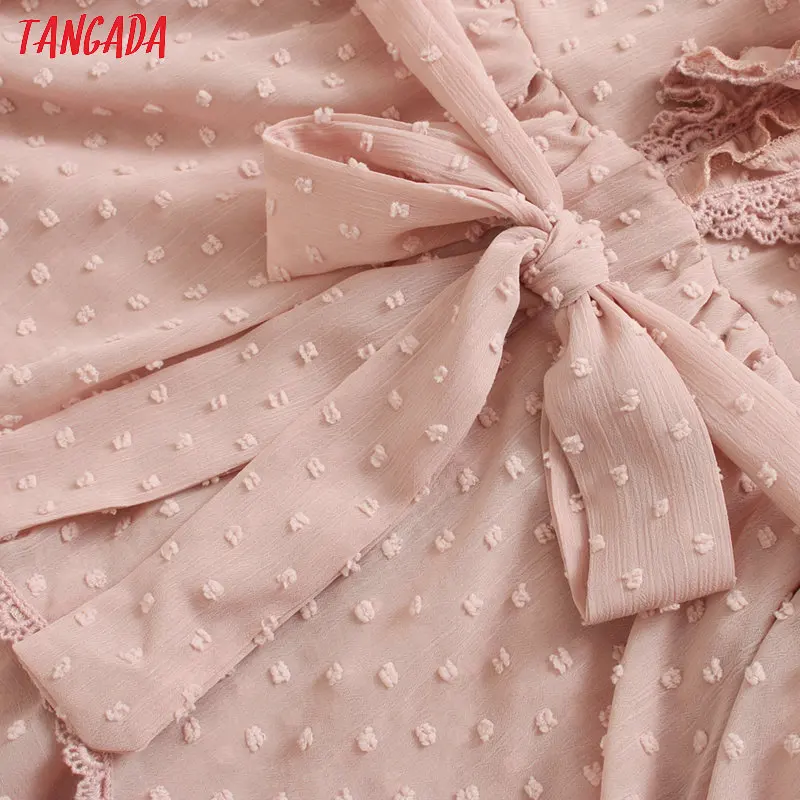 Tangada женское элегантное Сетчатое платье в розовый горошек с вышивкой, с бантом, с открытой спиной, с длинным рукавом, женское длинное пляжное платье, vestidos 3W76