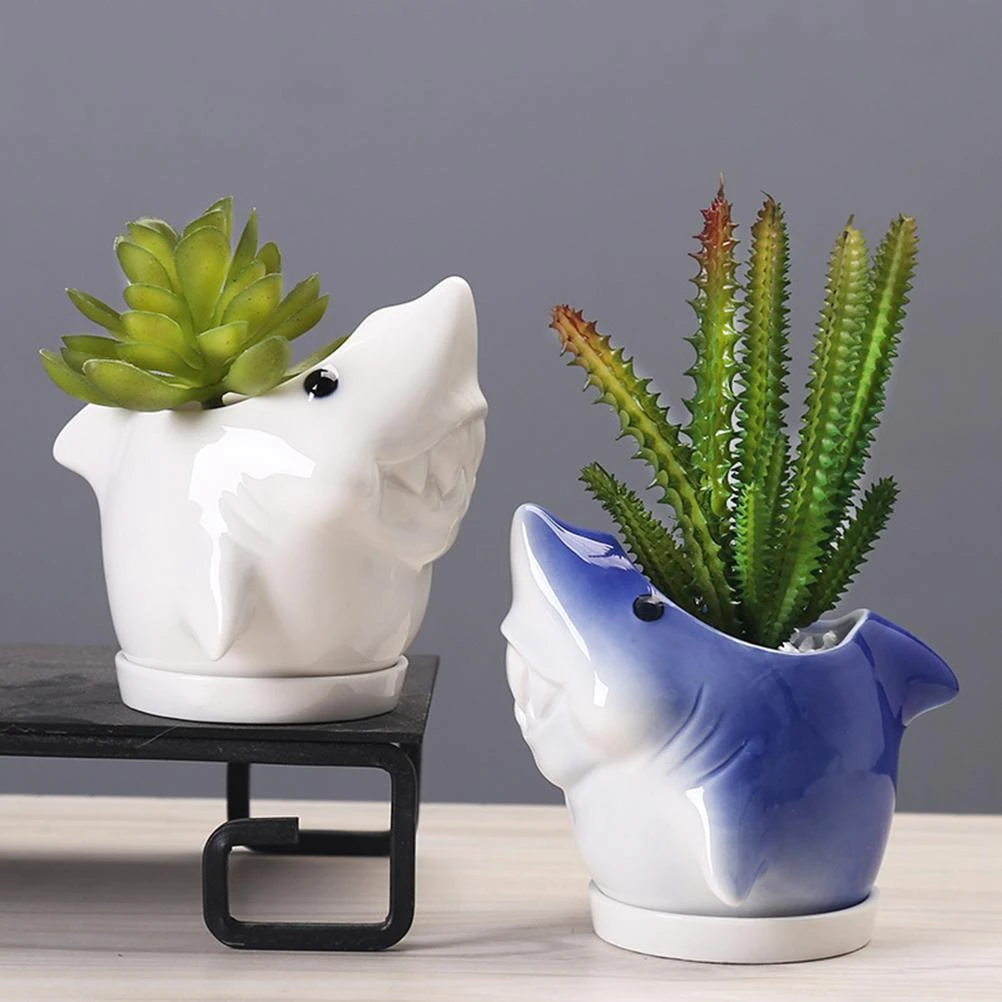 Pote de flor tiburón de cerámica suculentas macetas con agujero de drenaje Mini ollas plantas recipientes para de Oficina para el hogar Decoración de maceta|Jarrones| -