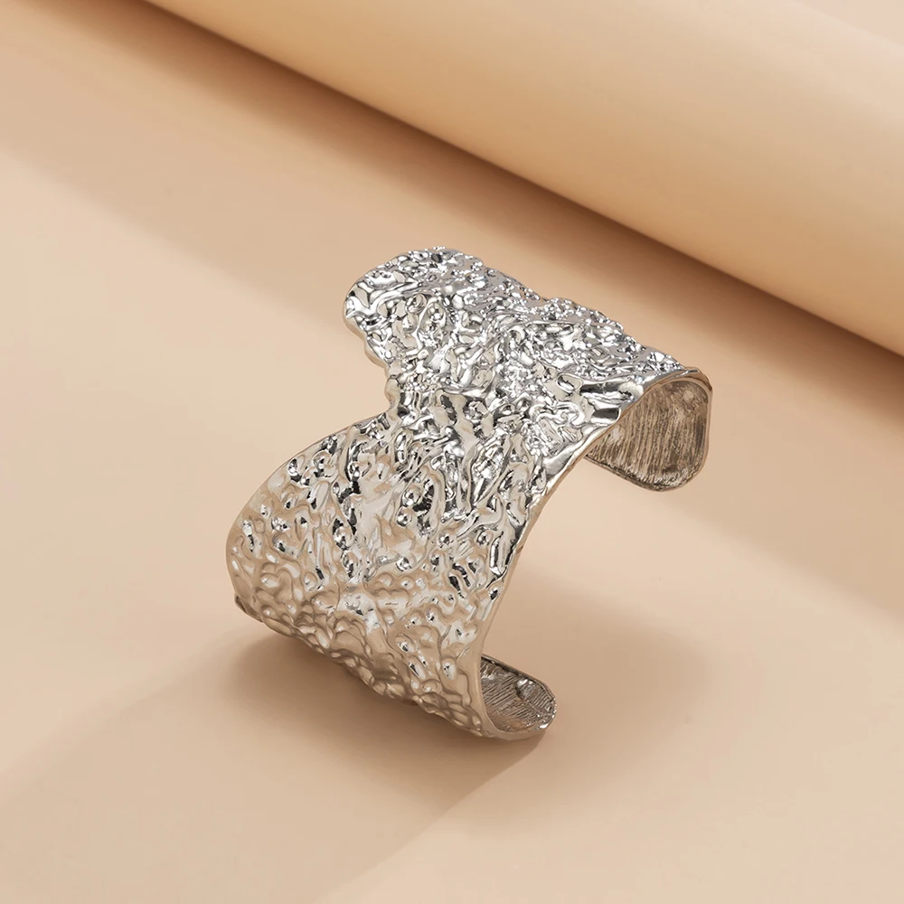 Bangle Bracelet Lava Gold Silver Color Wide Cuff Irregular Geometry Metal Hammer Open